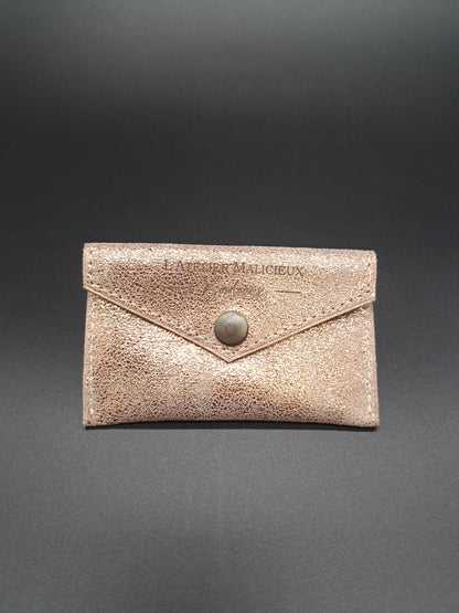 Porte carte en cuir rose doré